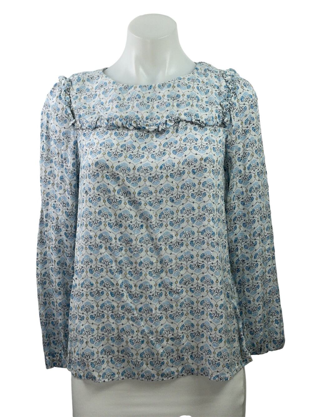 Ann Taylor LOFT Blue Mosaic Floral Long Sleeve Ruffle Crewneck Blouse Top MP